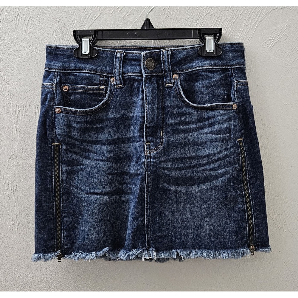 American Eagle Hi-Rise Mini Skirt Side Zippers Blue Denim Cutoff Mini Size 0